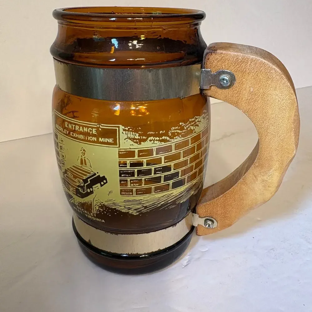 Vintage Beckley WV Exhibition Coal Mine Souvenir Brown Glass Barrel Mug Wood